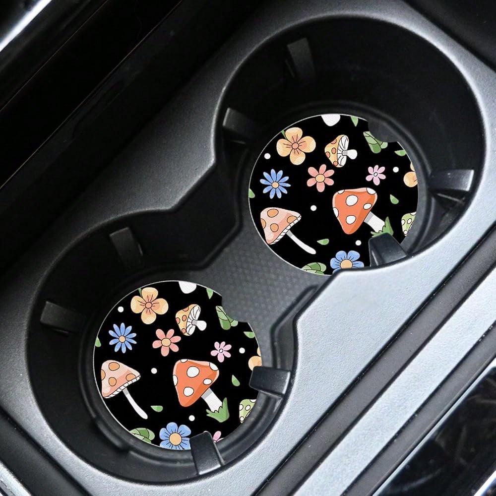 NEW- 2pcs Cute Mushrooms Car Coasters,Absorbent Universal Neoprener Cup Holder Coasters With A Finger Notch,Car Accessories For Women&Man Interior2.75" 1
