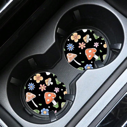 NEW- 2pcs Cute Mushrooms Car Coasters,Absorbent Universal Neoprener Cup Holder Coasters With A Finger Notch,Car Accessories For Women&Man Interior2.75" 1