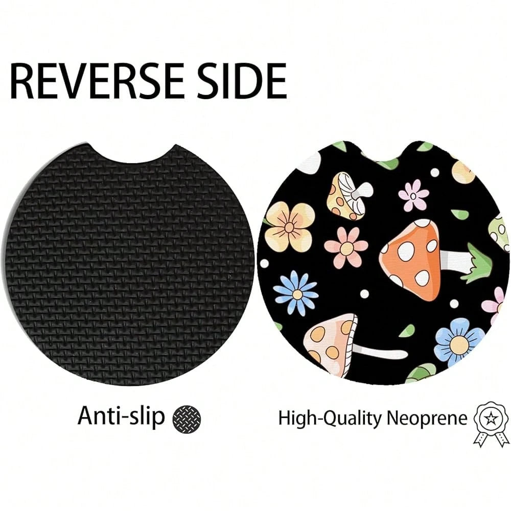 NEW- 2pcs Cute Mushrooms Car Coasters,Absorbent Universal Neoprener Cup Holder Coasters With A Finger Notch,Car Accessories For Women&Man Interior2.75" 1