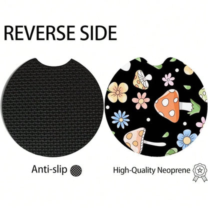 NEW- 2pcs Cute Mushrooms Car Coasters,Absorbent Universal Neoprener Cup Holder Coasters With A Finger Notch,Car Accessories For Women&Man Interior2.75" 1