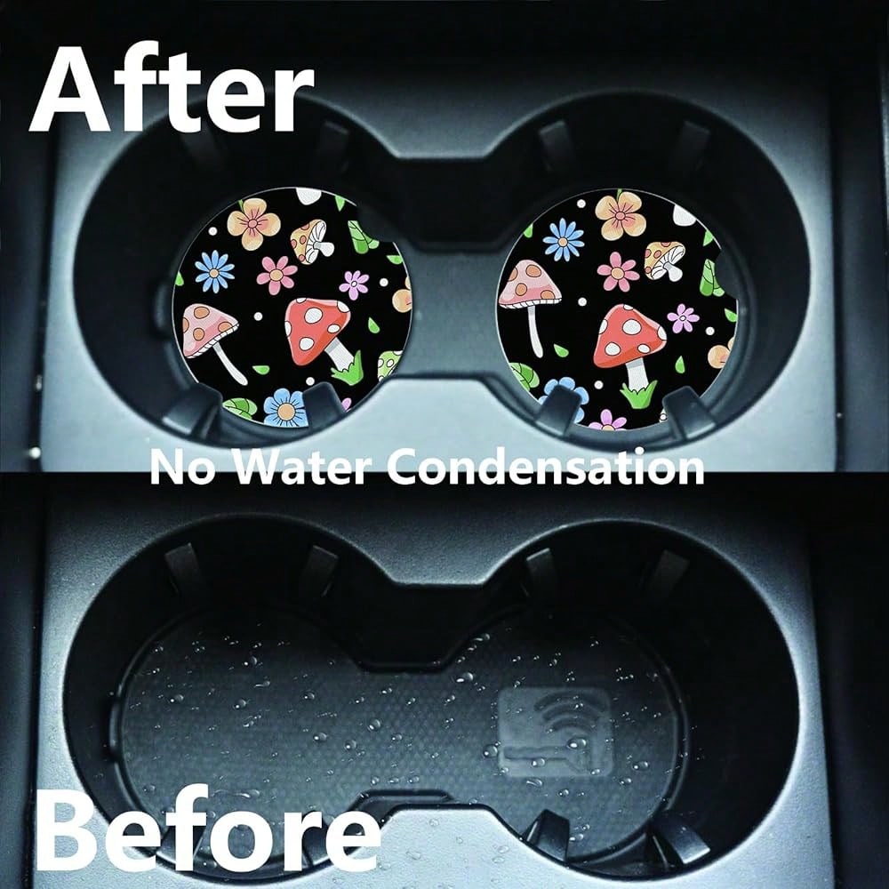 NEW- 2pcs Cute Mushrooms Car Coasters,Absorbent Universal Neoprener Cup Holder Coasters With A Finger Notch,Car Accessories For Women&Man Interior2.75" 1