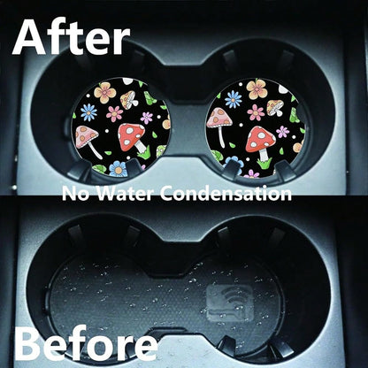 NEW- 2pcs Cute Mushrooms Car Coasters,Absorbent Universal Neoprener Cup Holder Coasters With A Finger Notch,Car Accessories For Women&Man Interior2.75" 1