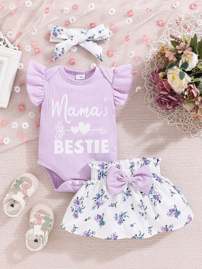New Arrival Baby Girl Spring Solid Color Letter Printed Flutter Sleeve Bodysuit, Flower Printed Skirt Outfit
