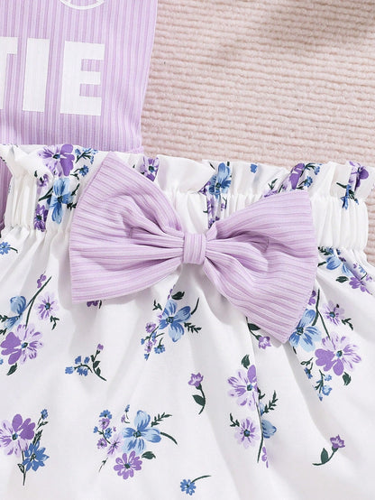 New Arrival Baby Girl Spring Solid Color Letter Printed Flutter Sleeve Bodysuit, Flower Printed Skirt Outfit
