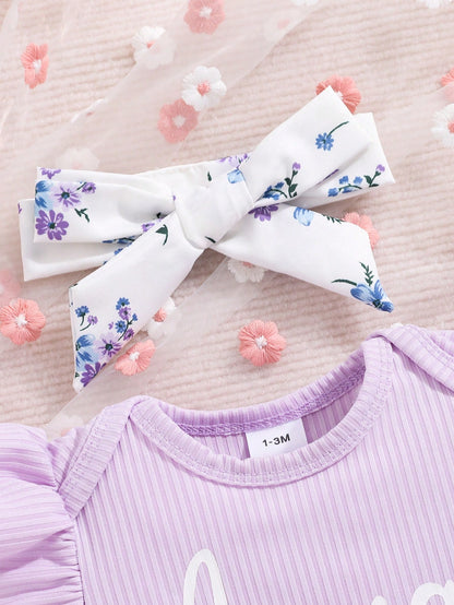 New Arrival Baby Girl Spring Solid Color Letter Printed Flutter Sleeve Bodysuit, Flower Printed Skirt Outfit
