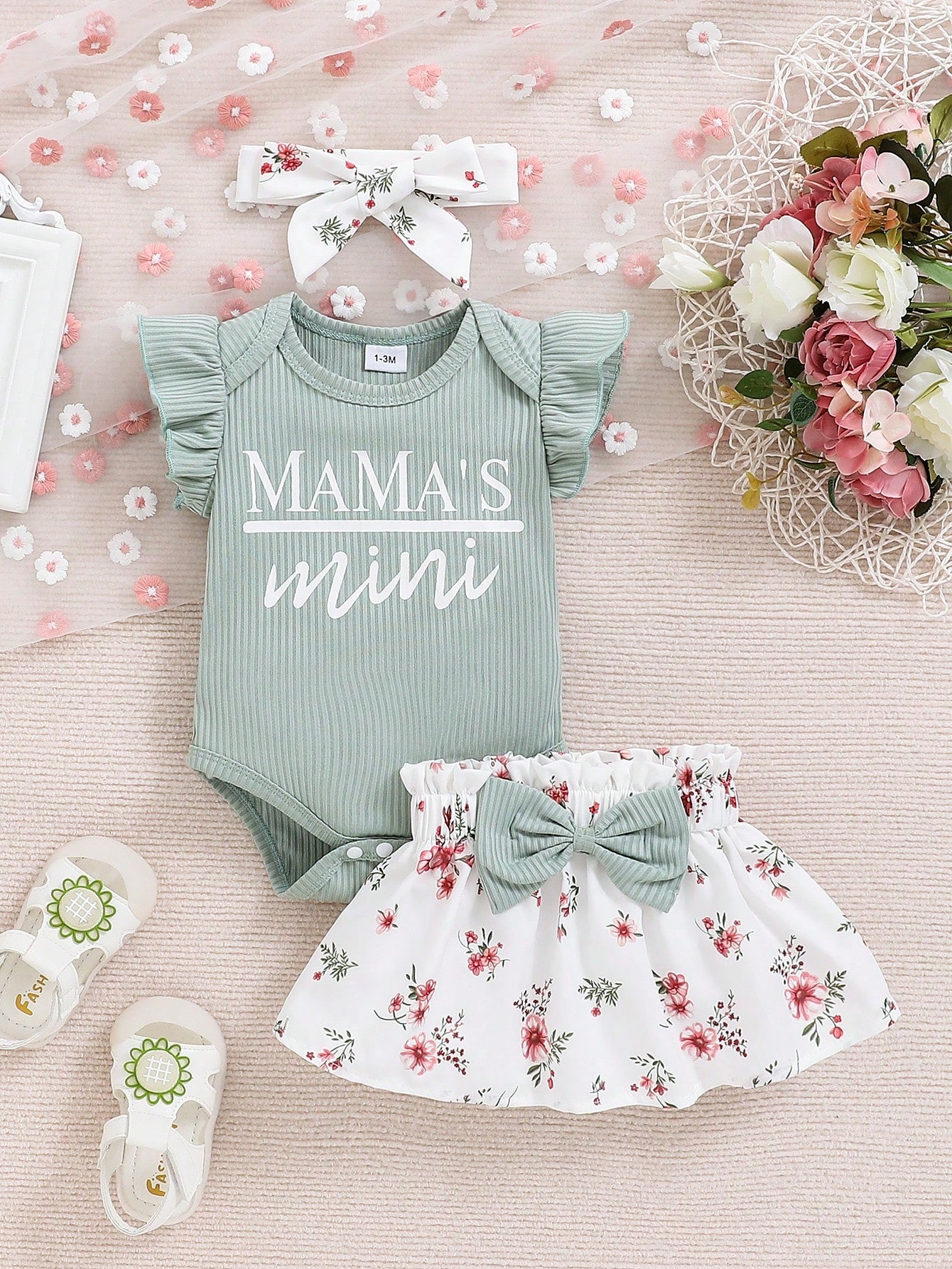 New Arrival Baby Girl Spring Solid Color Letter Printed Flutter Sleeve Bodysuit, Flower Printed Skirt Outfit