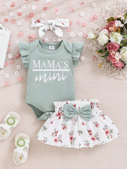 New Arrival Baby Girl Spring Solid Color Letter Printed Flutter Sleeve Bodysuit, Flower Printed Skirt Outfit