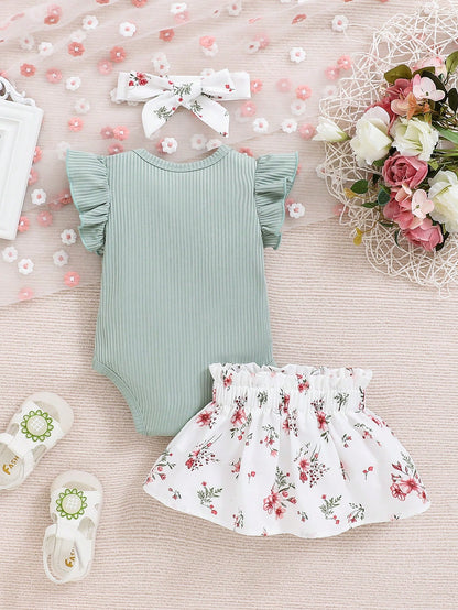 New Arrival Baby Girl Spring Solid Color Letter Printed Flutter Sleeve Bodysuit, Flower Printed Skirt Outfit