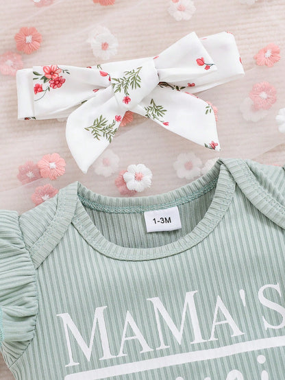 New Arrival Baby Girl Spring Solid Color Letter Printed Flutter Sleeve Bodysuit, Flower Printed Skirt Outfit