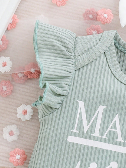 New Arrival Baby Girl Spring Solid Color Letter Printed Flutter Sleeve Bodysuit, Flower Printed Skirt Outfit