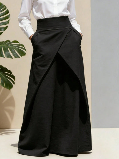 New Arrival| Best-Selling Women's High Waist Asymmetrical Wrap Maxi Skirt, Flowy A-Line Long Skirt, Suitable For Office, Casual, Party, Black