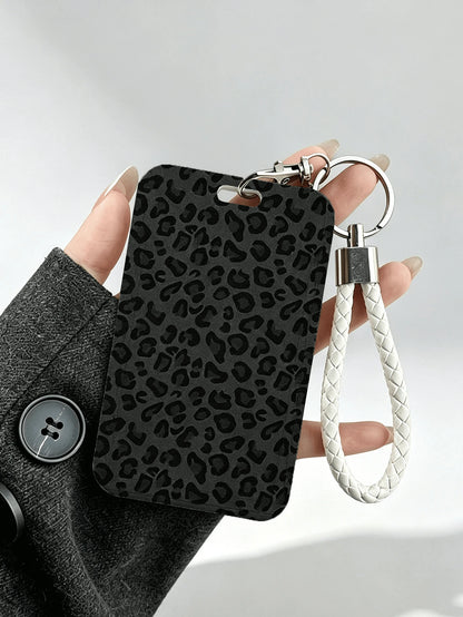 New Black Leopard Print Card Holder (With Keychain), Provides Stylish Protection For Campus And Office ID Cards, Functions As Bag Charm, Keychain, Wallet And Bank/Credit Card Storage, Equipped With Sl
