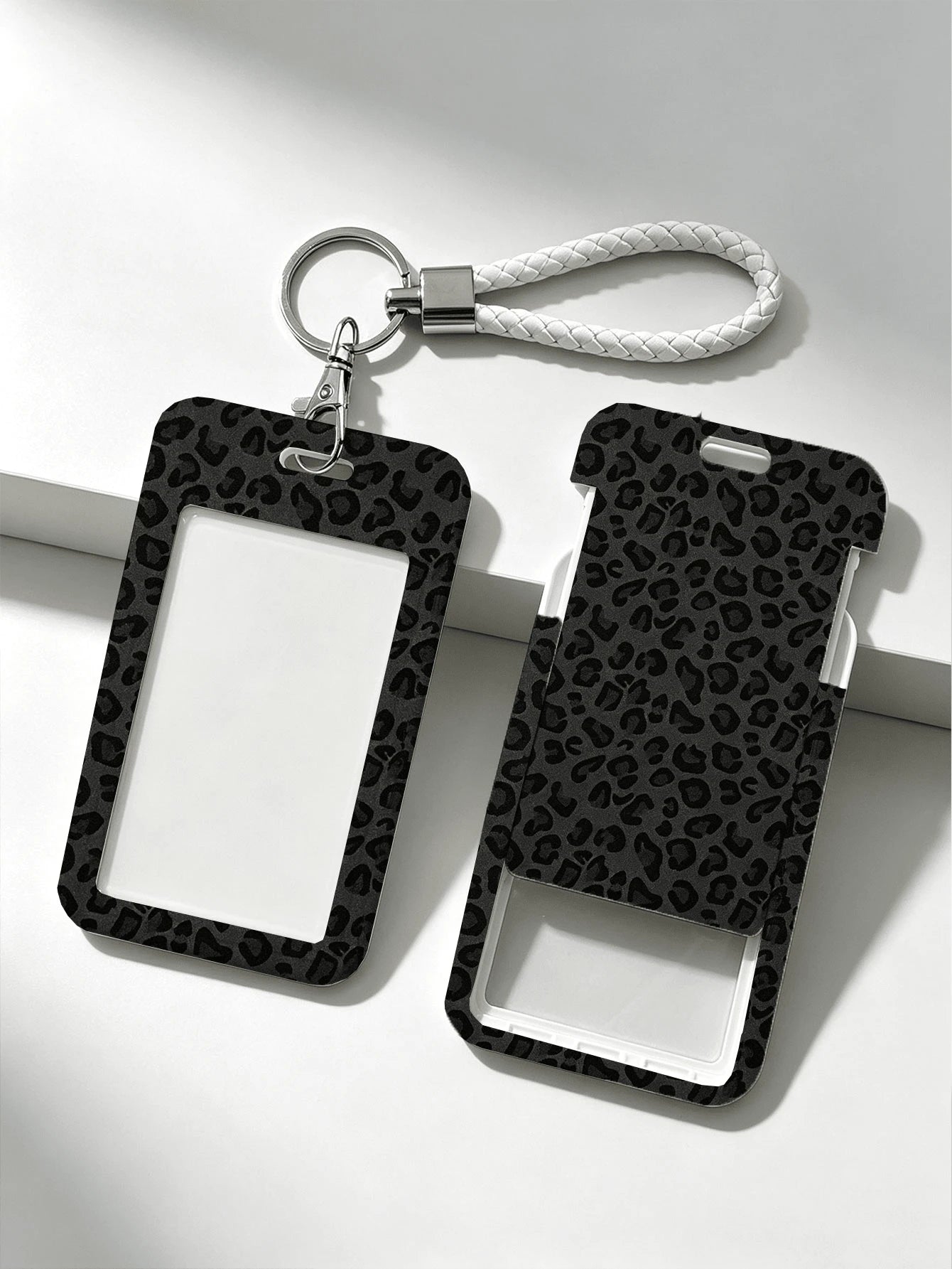 New Black Leopard Print Card Holder (With Keychain), Provides Stylish Protection For Campus And Office ID Cards, Functions As Bag Charm, Keychain, Wallet And Bank/Credit Card Storage, Equipped With Sl