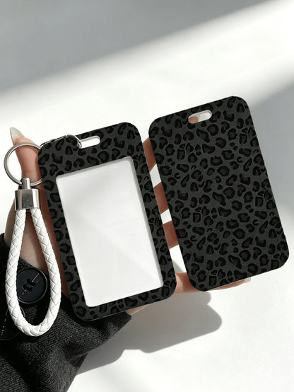 New Black Leopard Print Card Holder (With Keychain), Provides Stylish Protection For Campus And Office ID Cards, Functions As Bag Charm, Keychain, Wallet And Bank/Credit Card Storage, Equipped With Sl