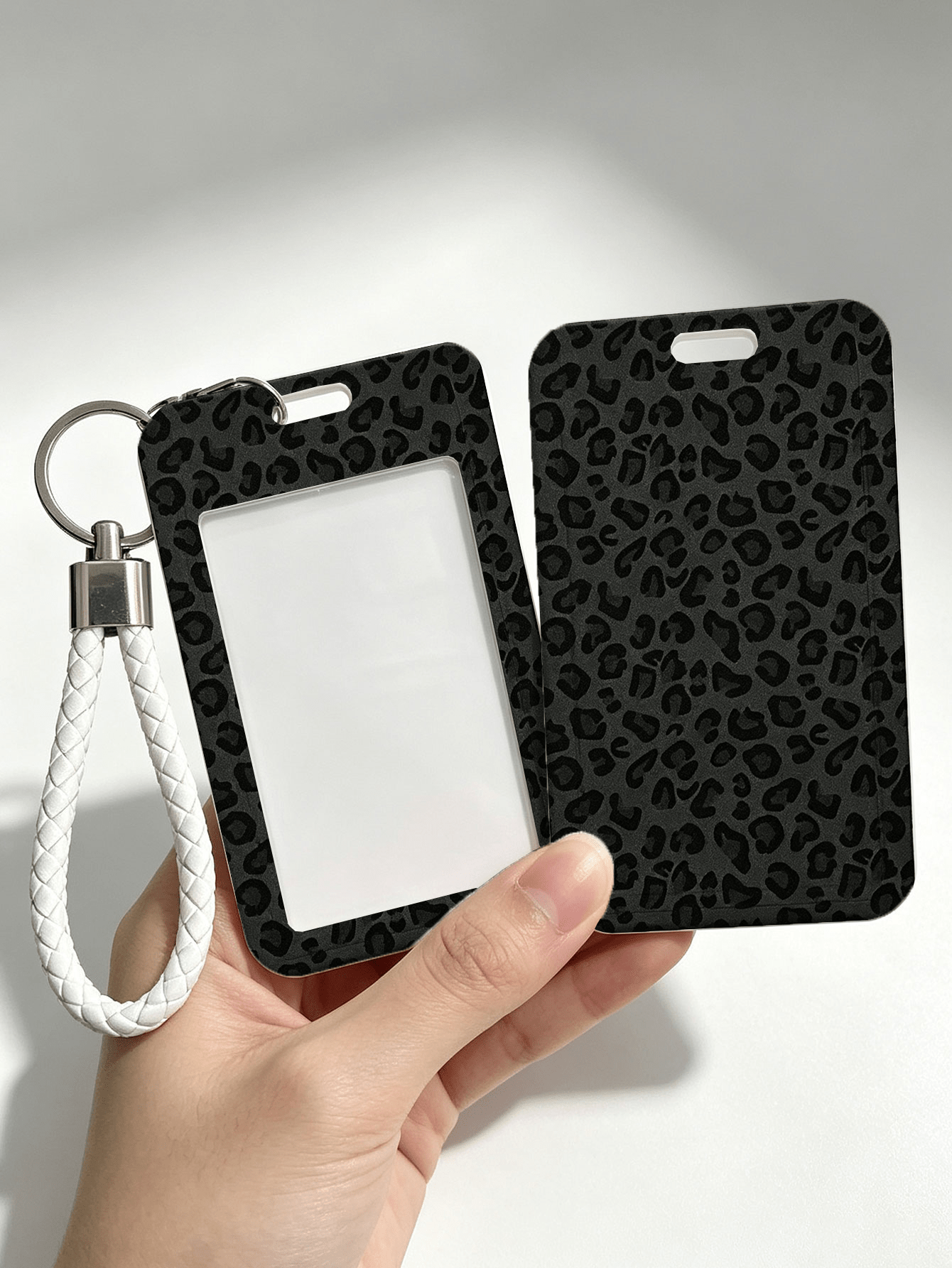 New Black Leopard Print Card Holder (With Keychain), Provides Stylish Protection For Campus And Office ID Cards, Functions As Bag Charm, Keychain, Wallet And Bank/Credit Card Storage, Equipped With Sl