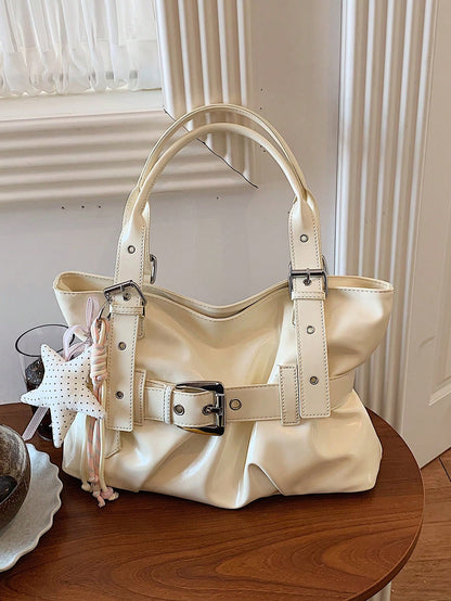 New PU Fabric Vintage Pleated Tote Bag For Women, Large Capacity Solid Color Shoulder Underarm Bag, Hot Girl Style Belt Buckle Decor Handbag With Star Pendant