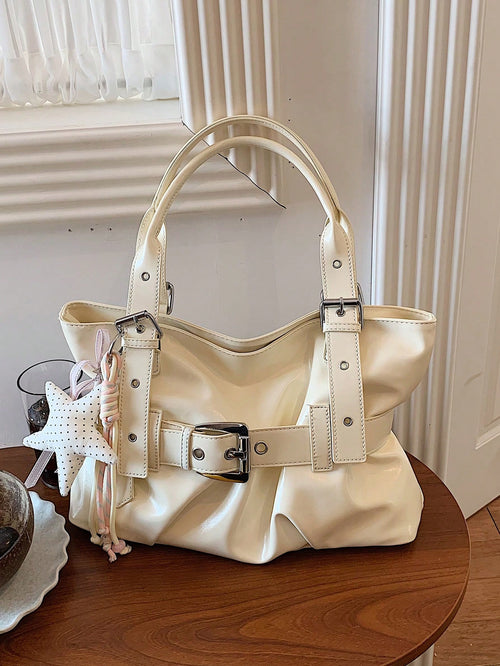 New PU Fabric Vintage Pleated Tote Bag For Women, Large Capacity Solid Color Shoulder Underarm Bag, Hot Girl Style Belt Buckle Decor Handbag With Star Pendant