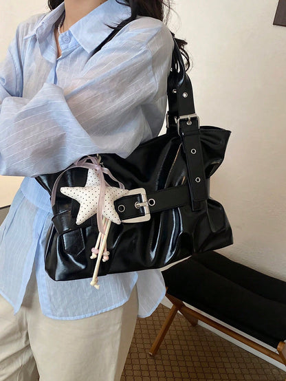 New PU Fabric Vintage Pleated Tote Bag For Women, Large Capacity Solid Color Shoulder Underarm Bag, Hot Girl Style Belt Buckle Decor Handbag With Star Pendant