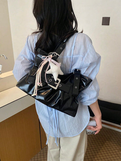 New PU Fabric Vintage Pleated Tote Bag For Women, Large Capacity Solid Color Shoulder Underarm Bag, Hot Girl Style Belt Buckle Decor Handbag With Star Pendant