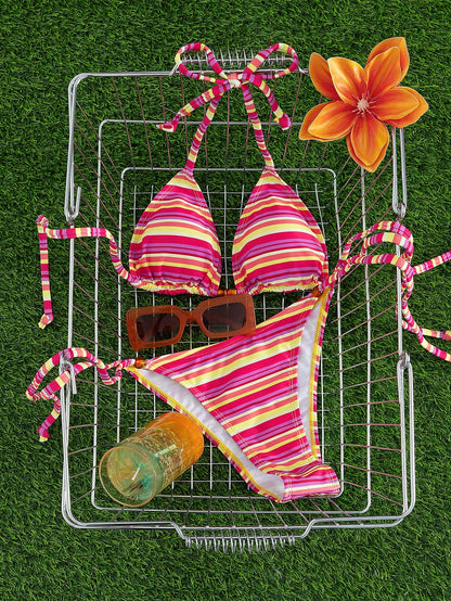New Stylish European & American Women's Fresh Color Block Striped Halter Tie Bikini Set, Triangle Top And Bottom Vacation Beach Summer Red