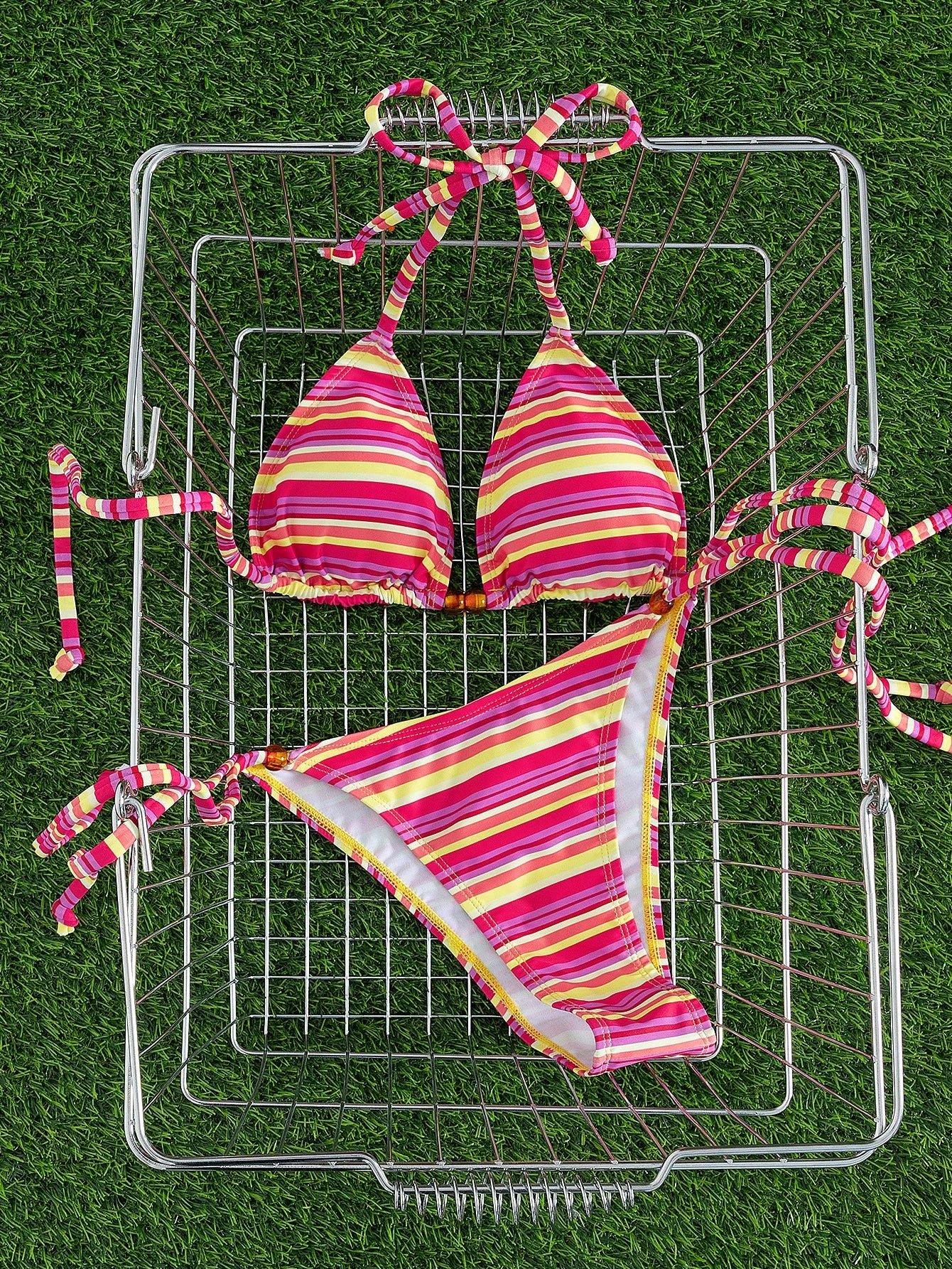 New Stylish European & American Women's Fresh Color Block Striped Halter Tie Bikini Set, Triangle Top And Bottom Vacation Beach Summer Red