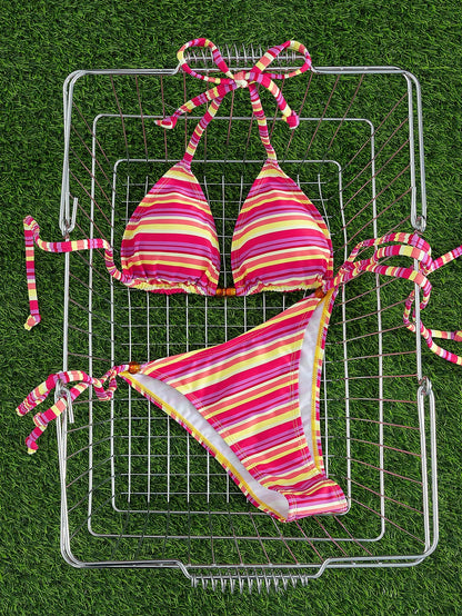 New Stylish European & American Women's Fresh Color Block Striped Halter Tie Bikini Set, Triangle Top And Bottom Vacation Beach Summer Red