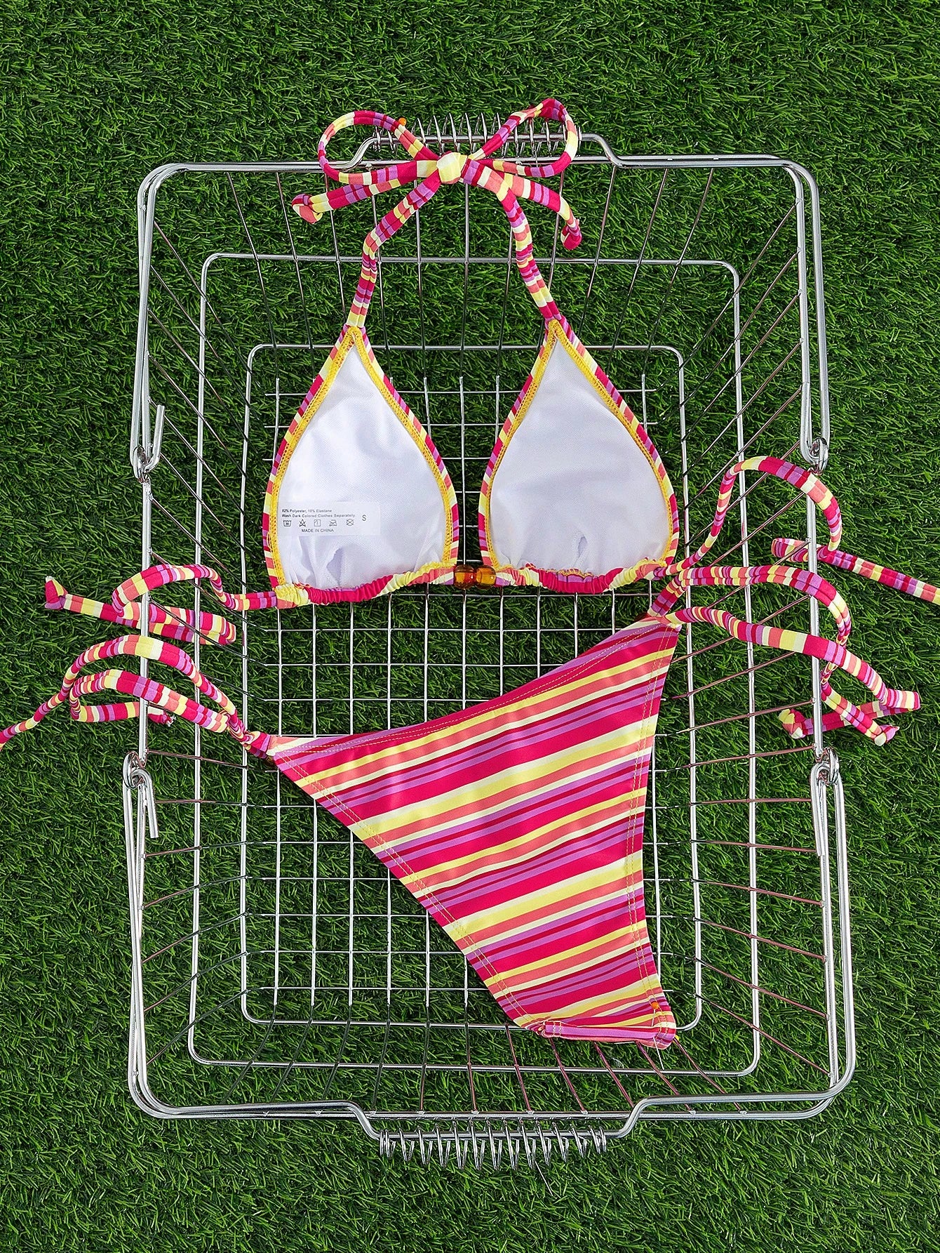 New Stylish European & American Women's Fresh Color Block Striped Halter Tie Bikini Set, Triangle Top And Bottom Vacation Beach Summer Red