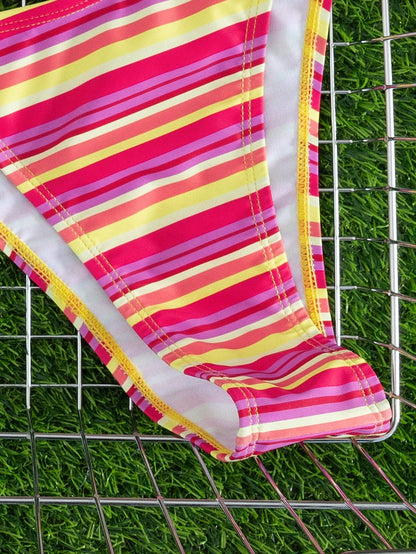 New Stylish European & American Women's Fresh Color Block Striped Halter Tie Bikini Set, Triangle Top And Bottom Vacation Beach Summer Red