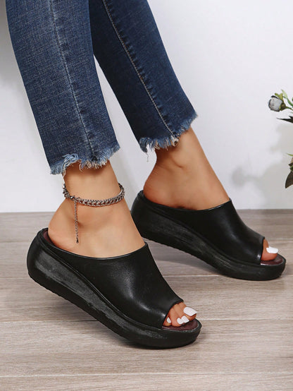 New Summer Solid Black Strap Sandals Women Wedge Platform Thick Sole Slide Slippers,Travel Essential