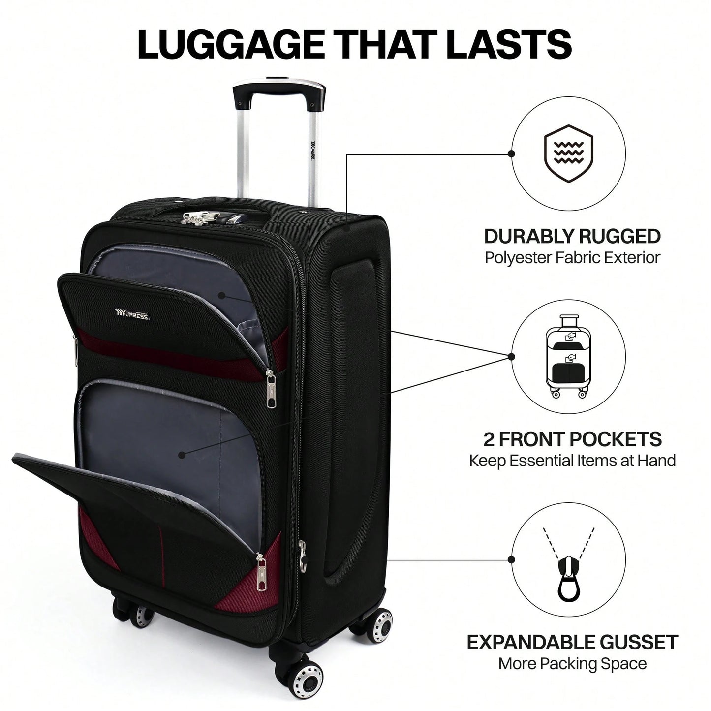 NEW YORK XPRESS Lightweight Expandable Softside Suitcase,With Spinner Wheels & Bult-In Lock,Resistant Polyester Travel Luggage,Multiple Pockets Luggage