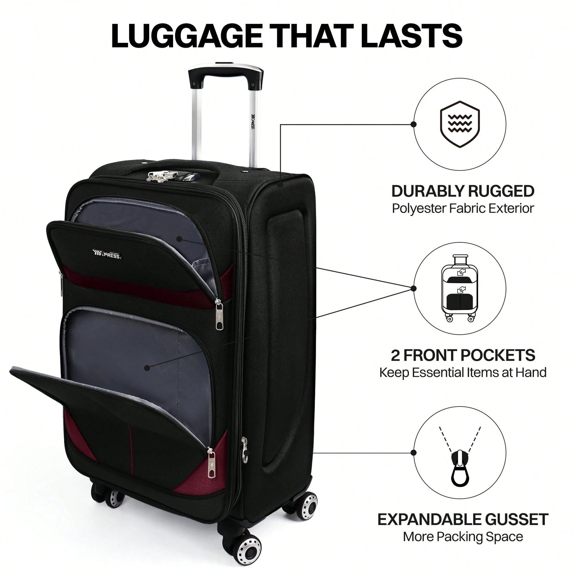NEW YORK XPRESS Lightweight Expandable Softside Suitcase,With Spinner Wheels & Bult-In Lock,Resistant Polyester Travel Luggage,Multiple Pockets Luggage