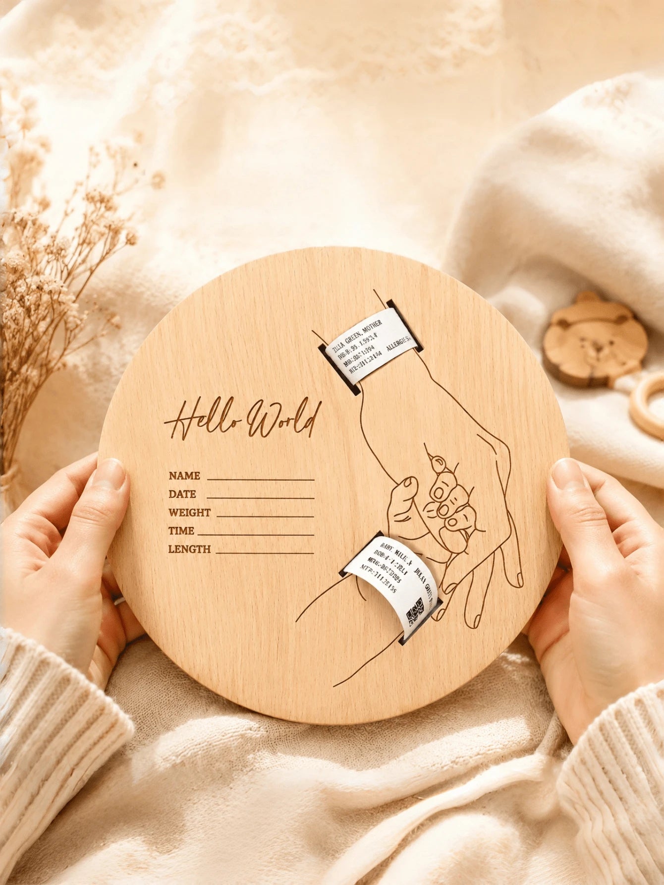 Newborn Announcement Hospital Bracelet Sign,Wooden Engraved Baby Birth Personalized Name Diy Hello World Board,Keepsake For New Parents
