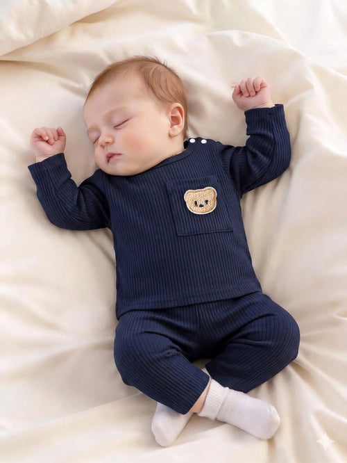 Newborn Baby Boy Basic Outfit, Textured Fabric Bear Pattern Top With Pocket Design