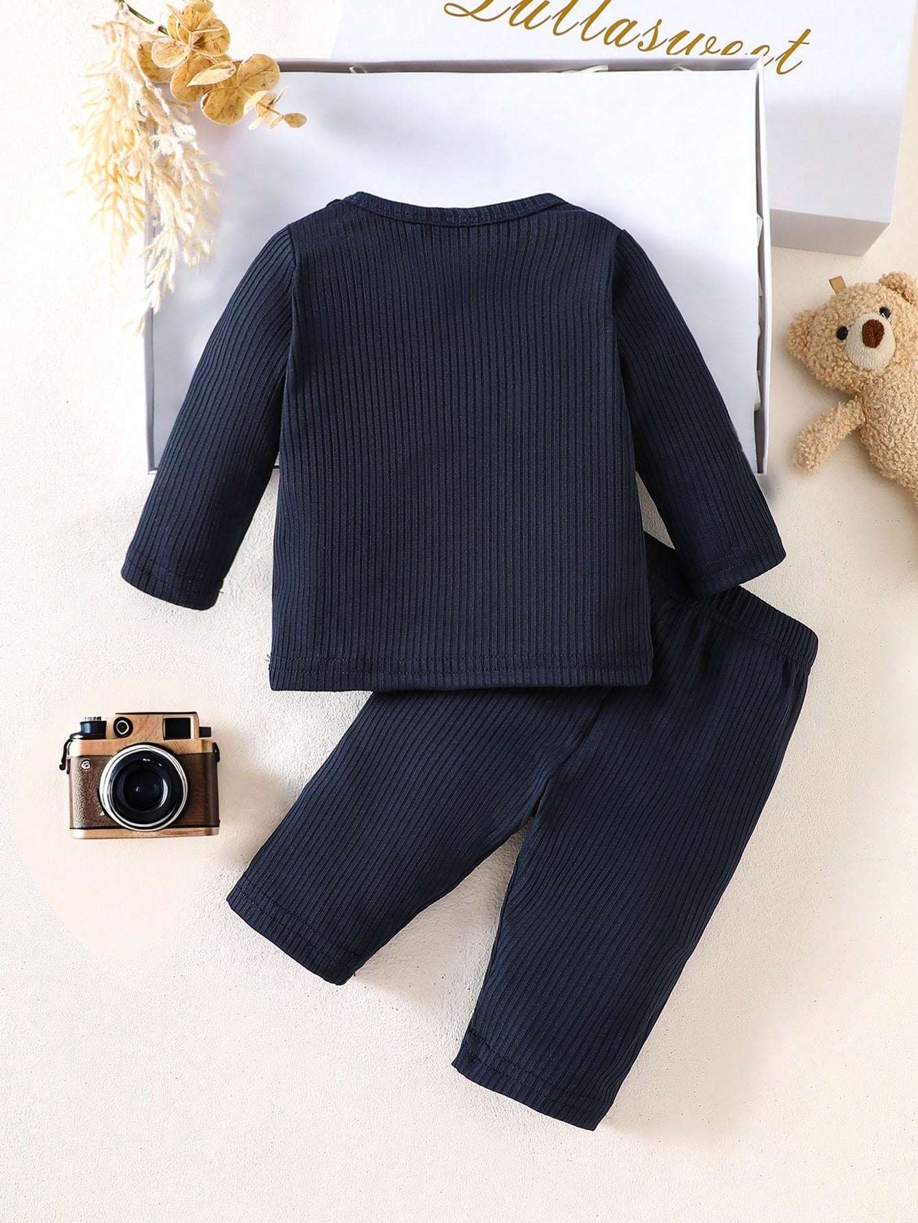 Newborn Baby Boy Basic Outfit, Textured Fabric Bear Pattern Top With Pocket Design