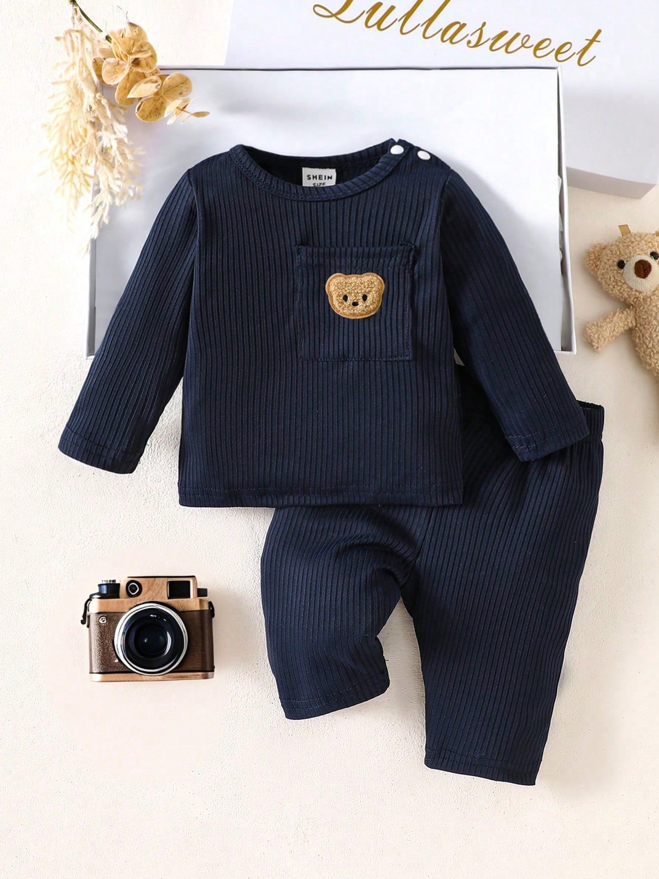 Newborn Baby Boy Basic Outfit, Textured Fabric Bear Pattern Top With Pocket Design