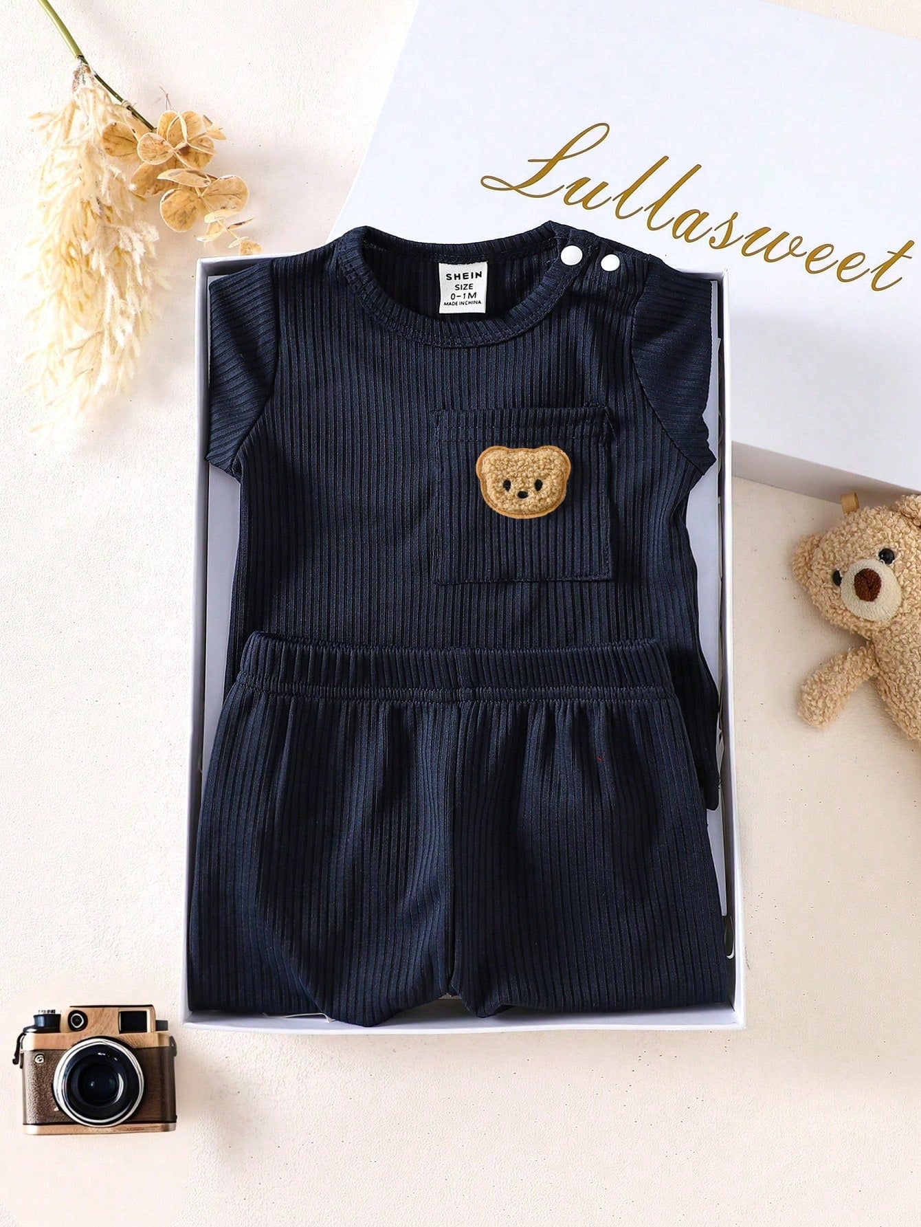 Newborn Baby Boy Basic Outfit, Textured Fabric Bear Pattern Top With Pocket Design