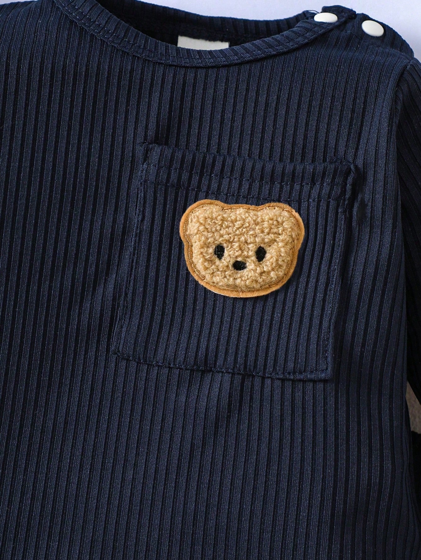 Newborn Baby Boy Basic Outfit, Textured Fabric Bear Pattern Top With Pocket Design