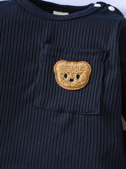 Newborn Baby Boy Basic Outfit, Textured Fabric Bear Pattern Top With Pocket Design
