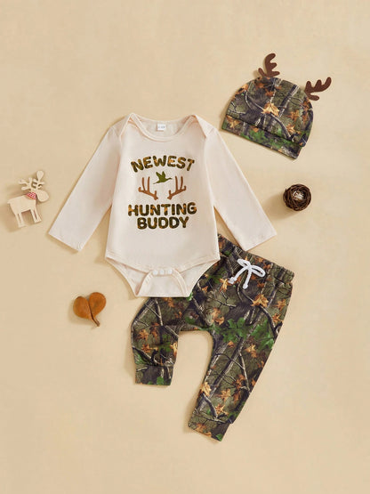 Newborn Baby Boy Clothes Hunting Long Sleeve Romper Shirt Tops Pants Fall Winter Outfits Hat Set