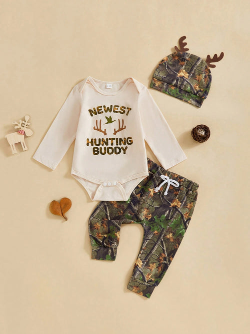 Newborn Baby Boy Clothes Hunting Long Sleeve Romper Shirt Tops Pants Fall Winter Outfits Hat Set