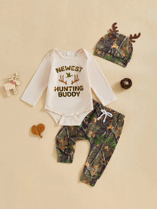 Newborn Baby Boy Clothes Hunting Long Sleeve Romper Shirt Tops Pants Fall Winter Outfits Hat Set