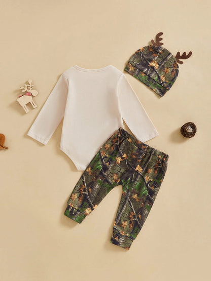 Newborn Baby Boy Clothes Hunting Long Sleeve Romper Shirt Tops Pants Fall Winter Outfits Hat Set