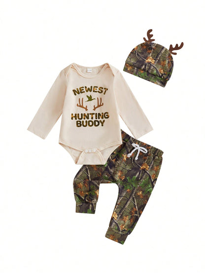 Newborn Baby Boy Clothes Hunting Long Sleeve Romper Shirt Tops Pants Fall Winter Outfits Hat Set