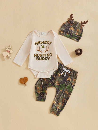Newborn Baby Boy Clothes Hunting Long Sleeve Romper Shirt Tops Pants Fall Winter Outfits Hat Set