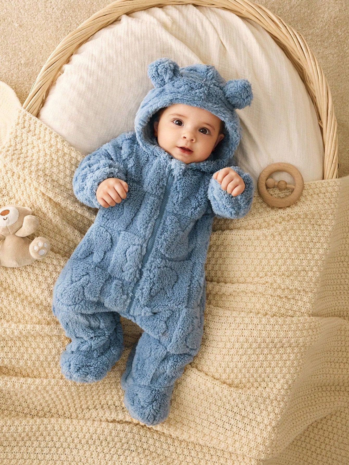 Newborn Baby Boy/Girl Dusty Blue Autumn Fluffy Hooded,Cute Modest Funny Graphic Cartoon Pattern Jumpsuit,Sibling Matching Warm Infant Winter Coat