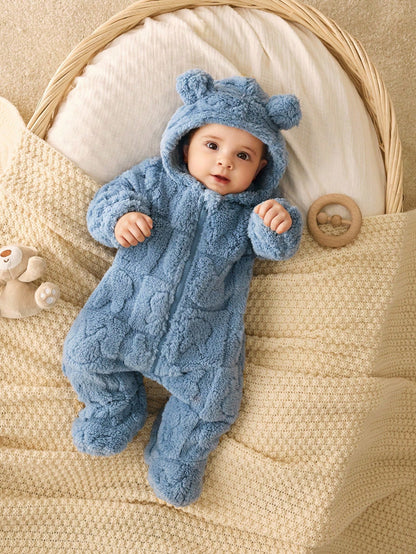 Newborn Baby Boy/Girl Dusty Blue Autumn Fluffy Hooded,Cute Modest Funny Graphic Cartoon Pattern Jumpsuit,Sibling Matching Warm Infant Winter Coat
