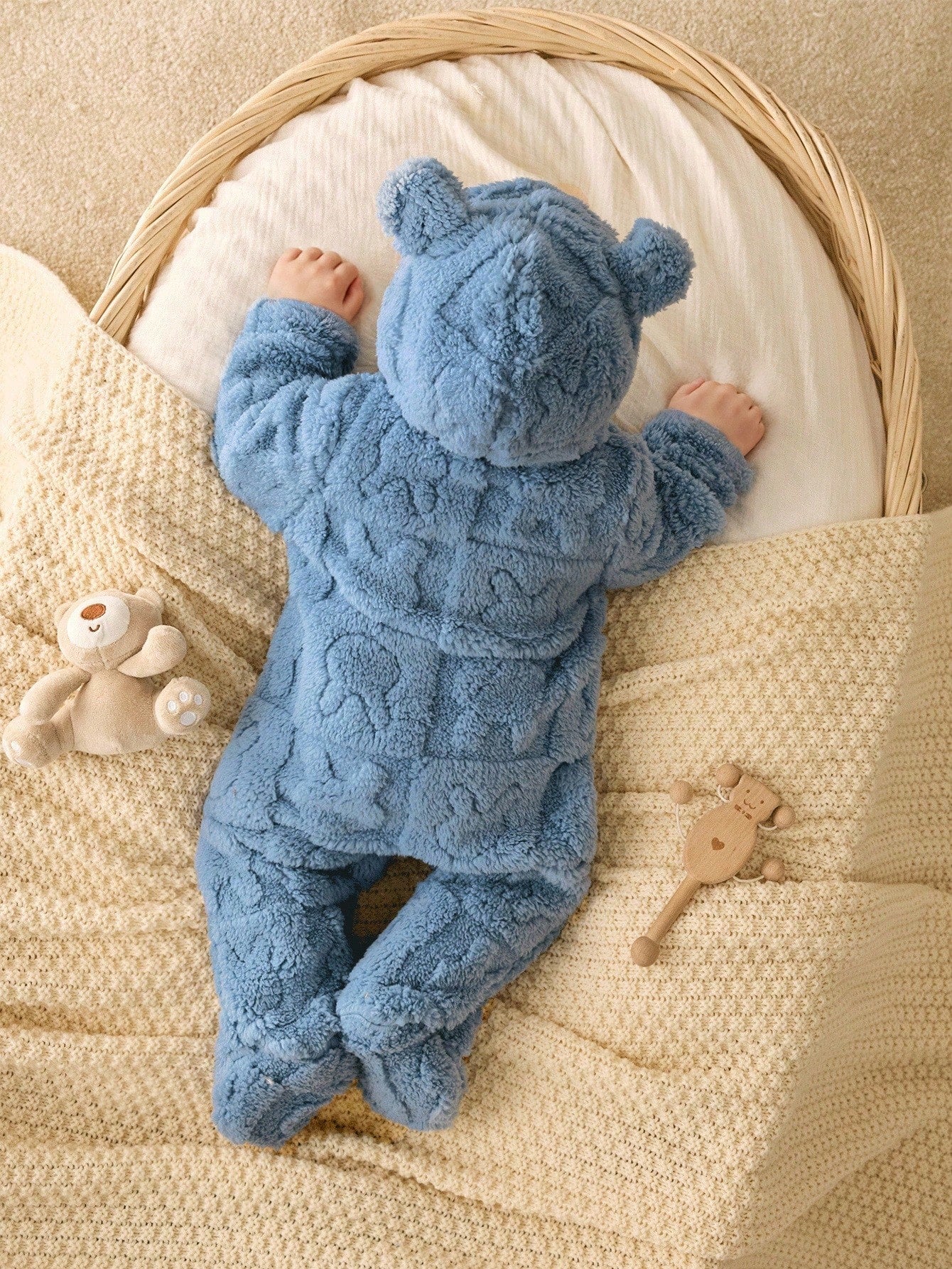 Newborn Baby Boy/Girl Dusty Blue Autumn Fluffy Hooded,Cute Modest Funny Graphic Cartoon Pattern Jumpsuit,Sibling Matching Warm Infant Winter Coat
