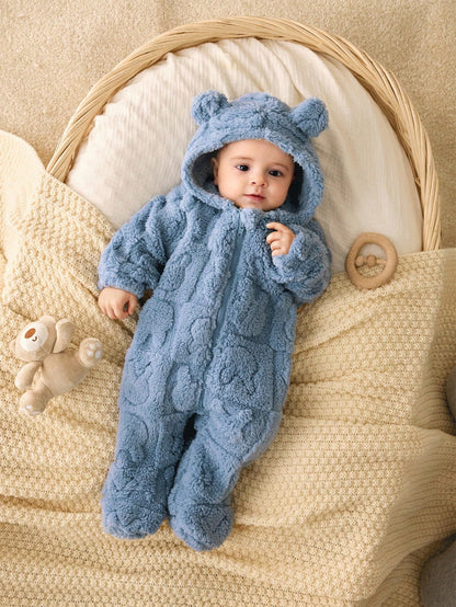 Newborn Baby Boy/Girl Dusty Blue Autumn Fluffy Hooded,Cute Modest Funny Graphic Cartoon Pattern Jumpsuit,Sibling Matching Warm Infant Winter Coat