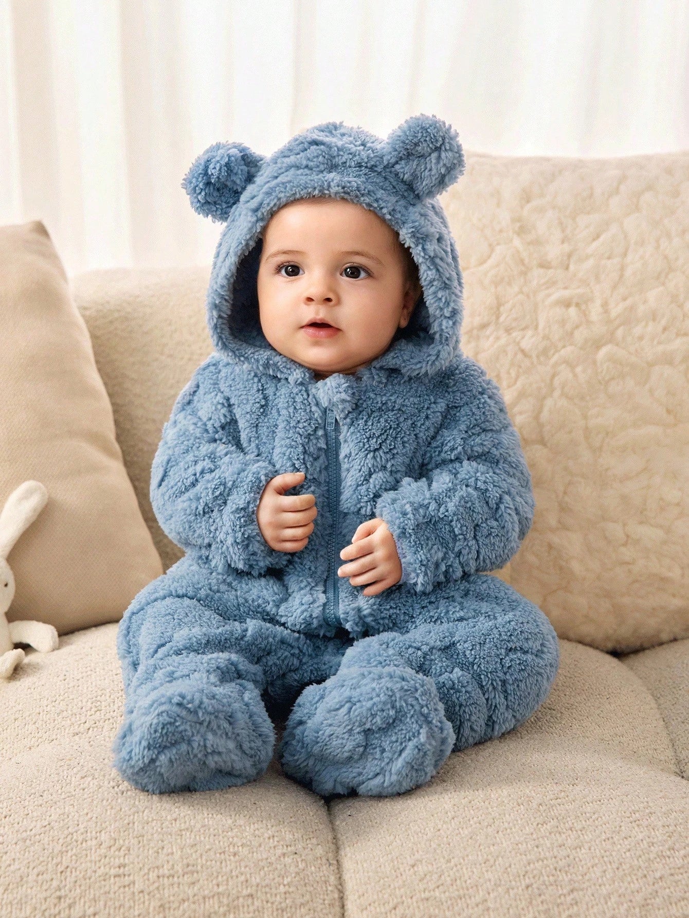 Newborn Baby Boy/Girl Dusty Blue Autumn Fluffy Hooded,Cute Modest Funny Graphic Cartoon Pattern Jumpsuit,Sibling Matching Warm Infant Winter Coat