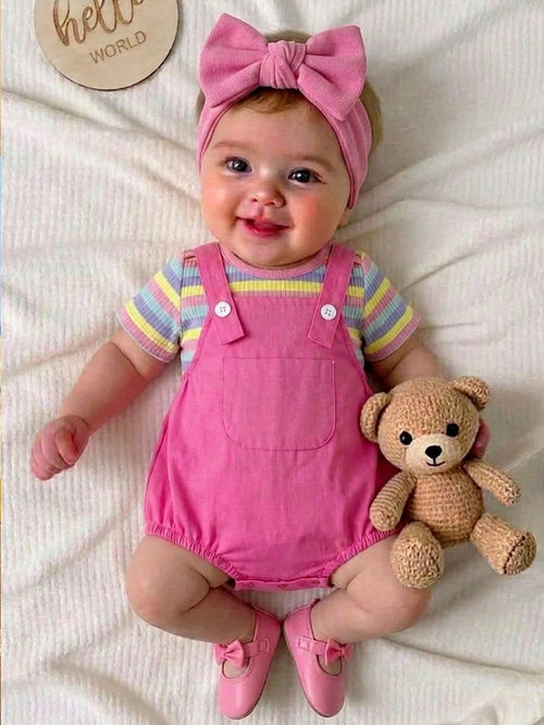 Newborn Baby Boys' 2pcs Set,Pink,Summer,Cute,Family Matching Striped Overall,White Knitted Peter Pan Collar Top,Striped Buttoned Hat,Casual Outfit